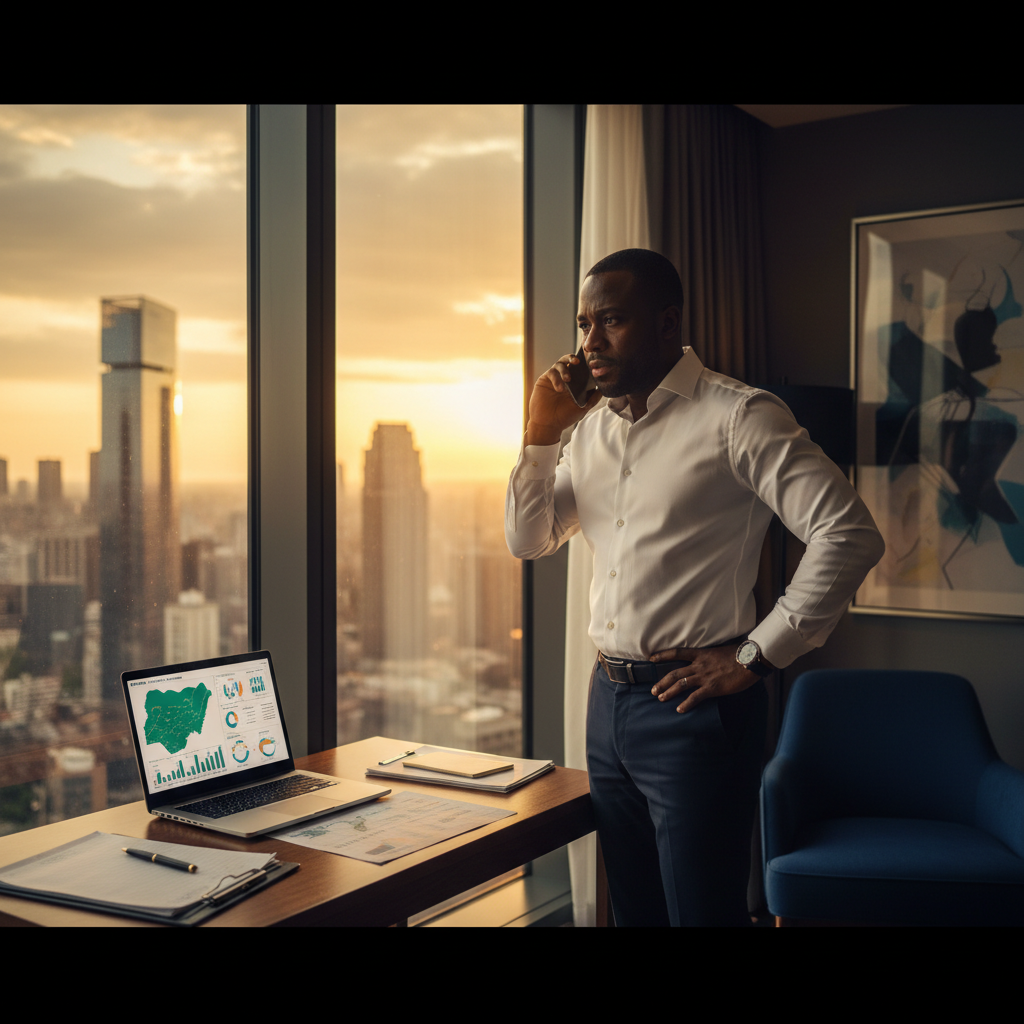 Nigerian business owner managing his Lagos business remotely from the United States